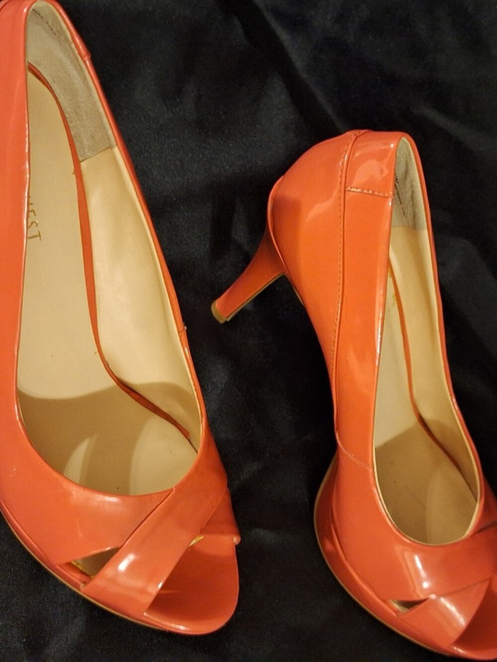NINE WEST-Patent Orange Peep-Toe Heels
